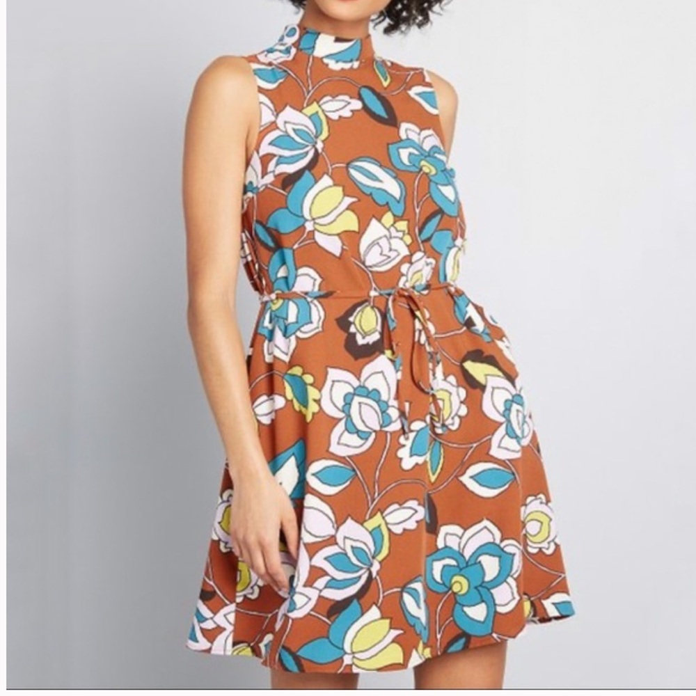 Modcloth Retro Mock Neck Floral Midi Dress - Brown and Blue